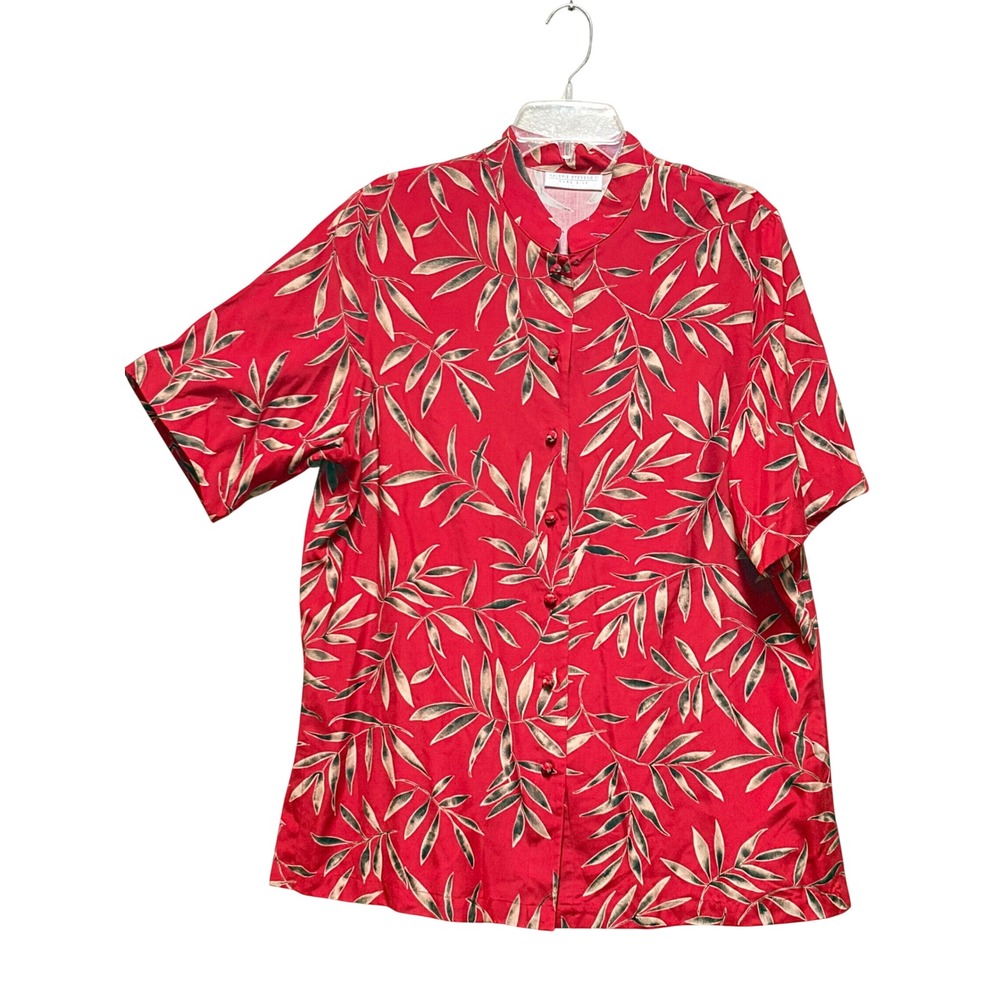 Valerie Stevens II 100%Pure Silk Red Leaf Mandarin Collar Blouse Womens 16W